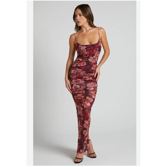 Runaway The Label - Sacha Midi Dress in Wine Floral Bodycon Ruched Womens L New - Picture 1 of 10